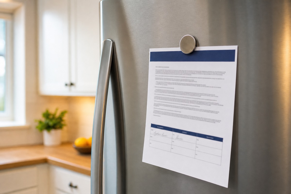 A printed family agreement sheet held to a refrigerator door by a magnet